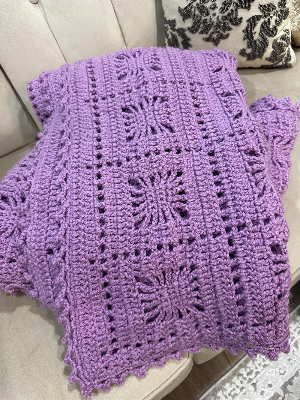 Handmade Lavender Crochet Throw Blanket - Soft Crochet Squares